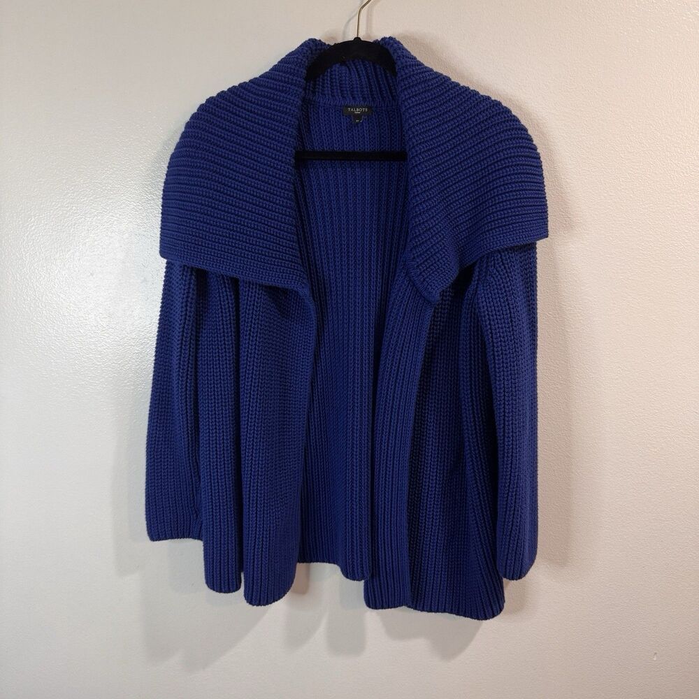 Talbots Cardigan Sweater 1X Chunky Knit Royal Blue Open Front Drape Shawl